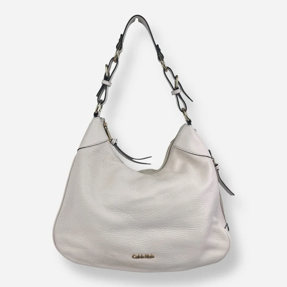 Calvin Klein Ivory Bone White‎ Hobo Pebbled Leather Adj Strap Shoulder Bag Purse